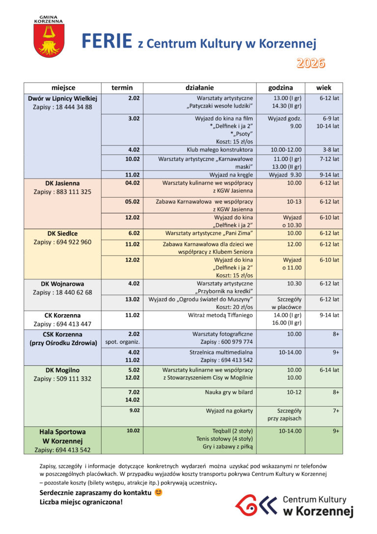 ❄️ Ferie 2026 z Centrum Kultury w Korzennej! ❄️